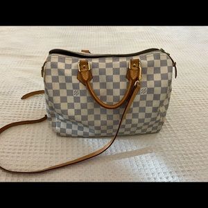 Louis Vuitton Speedy 35 in Damier Azur. Comes with strap and bottom bag filler.
